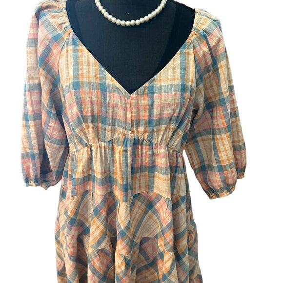 Drew Anthropologie Babydoll Dress Women Prairie Windowpane Plaid Cottagecore - Picture 2 of 16